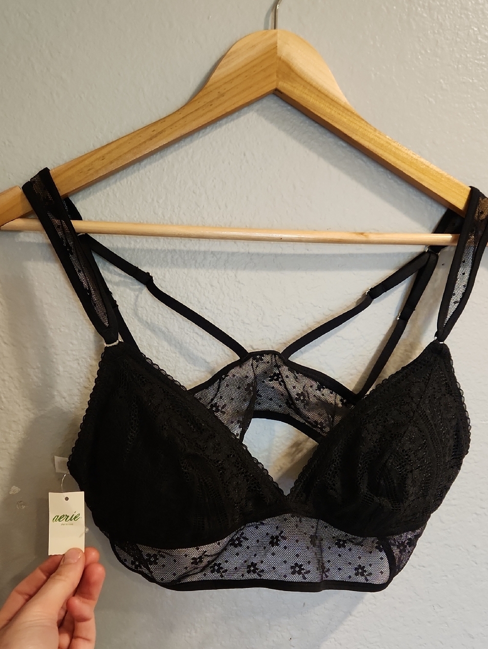 Aerie NWTs Lace Bralette with Sheer Floral Band - Black Size L
